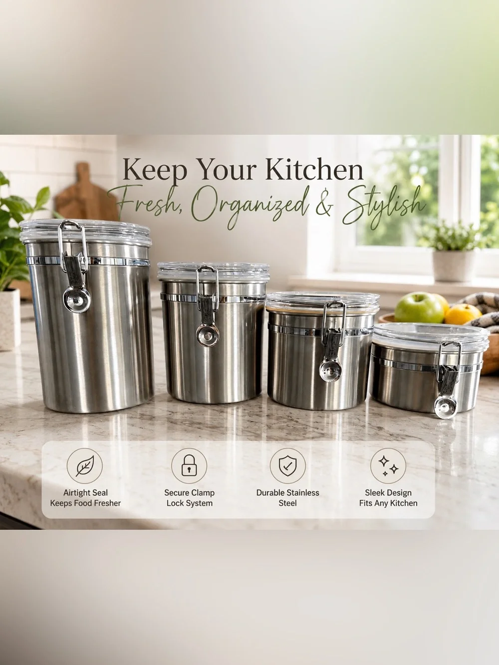 Stainless Steel Kitchen Canister Set of 4 with Secure Clamp Lock - Silver